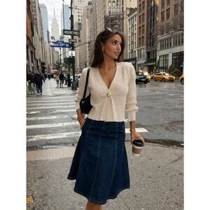 Urban Revivo Cardigan + Denim Midi Skirt Set 
NYC Chic Outfit US 8
